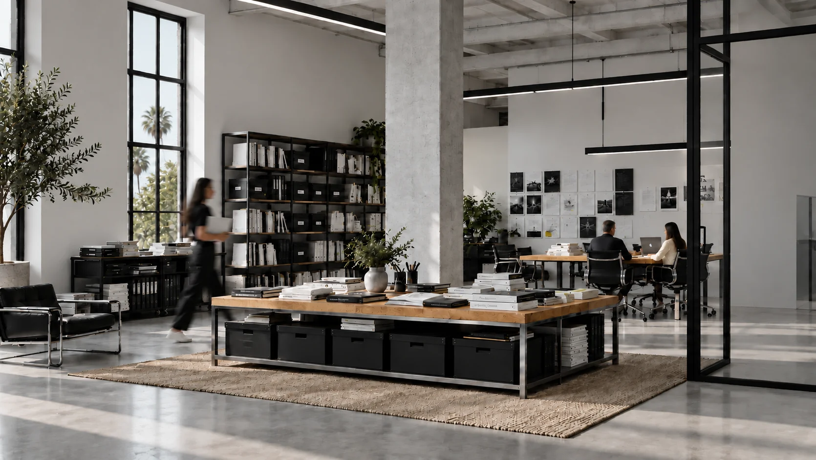 A long table in the Kill Dull records room, stacked with papers and books, with black archive boxes beneath it and shelves of labelled box files along the wall.