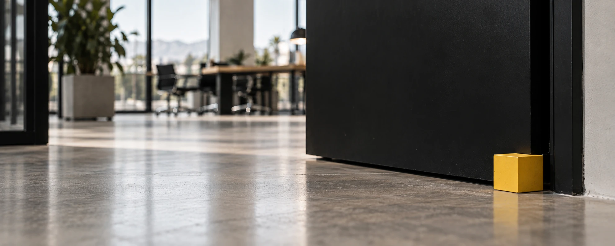 An open black office door held open by a small yellow cube.