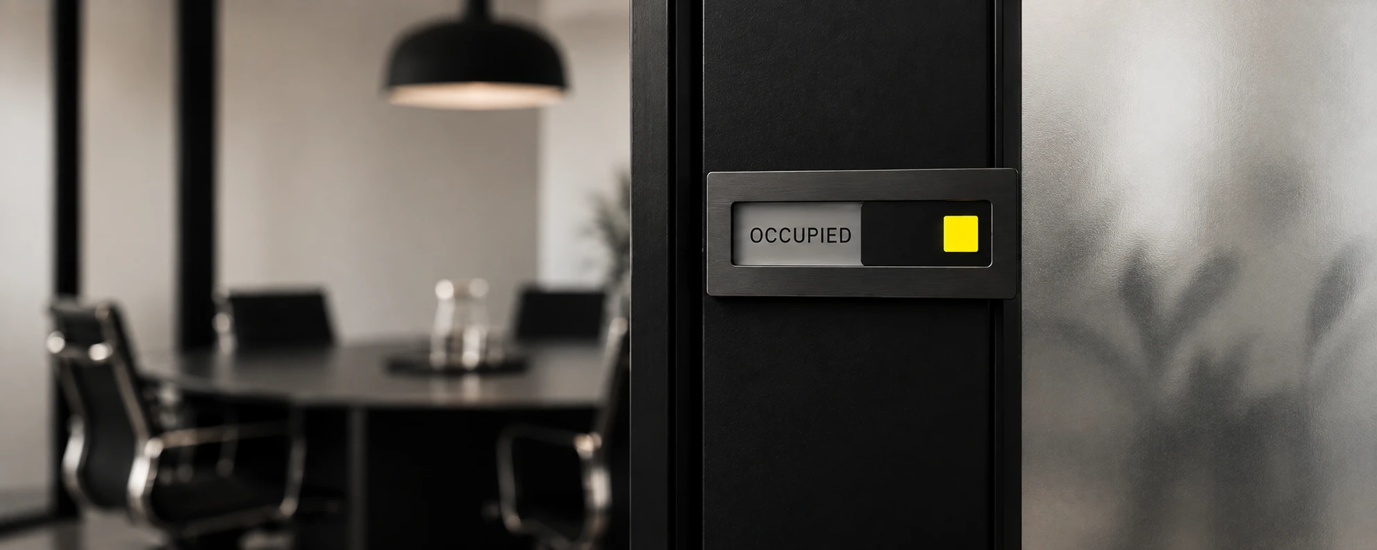 A meeting-room door indicator showing OCCUPIED beside a yellow square.